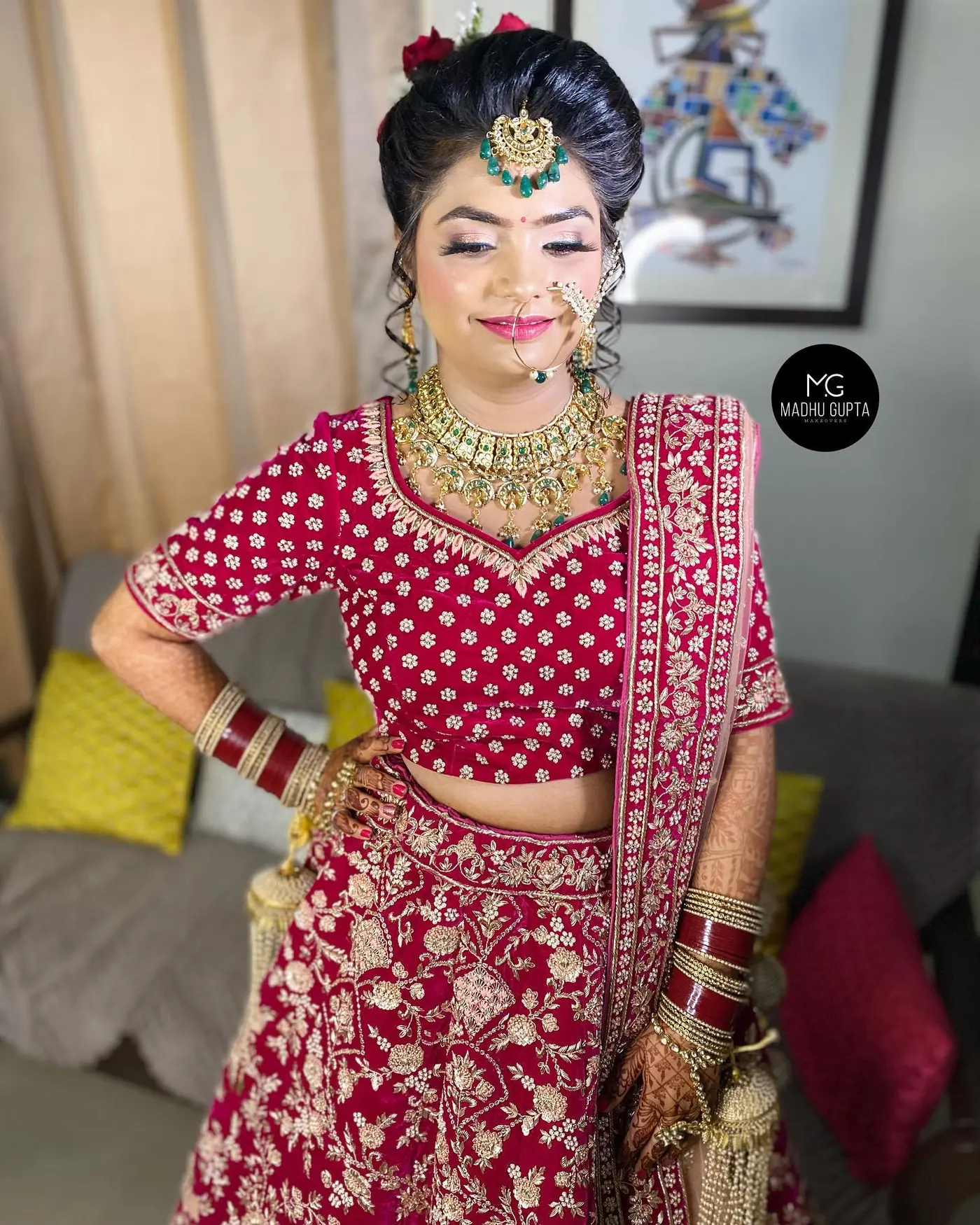 Red Polka-Dot Blouse, Side Profile. Bridal makeup by Madhu Gupta at MG Makeovers, Gurugram